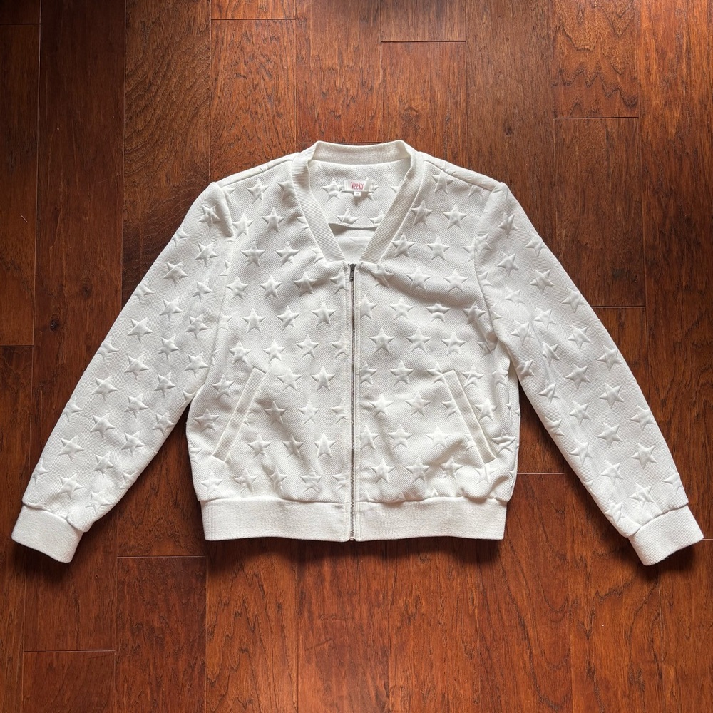 NWOT White Star-Textured Bomber Jacket - Women's Streetwear Boutique Retro Chic
